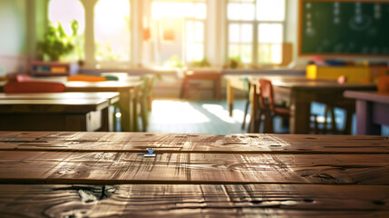 Leinwandbilder - Rustic wooden table in a classroom setting perfect for displaying educational products or designs Tabletop view on blurred background with empty tables and atmospheric light Flawless : Generative AI