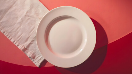 Poster - Top view on colored background empty round white plate on tablecloth for food Empty dish on napkin with space for your design : Generative AI