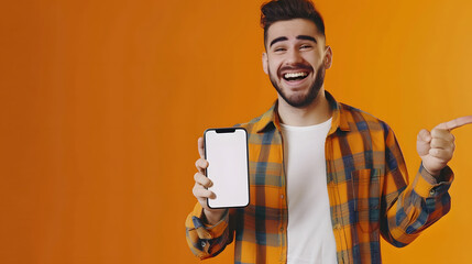 Aufkleber - Mobile App Advertisement Handsome Excited Man Showing Pointing At White Empty Smartphone Screen Posing Over Orange Studio Background Smiling To Camera Check This Out Cellphone Display  : Generative AI