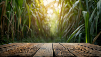 Leinwandbilder - The empty wooden brown table top with blur background of sugarcane plantation Exuberant image : Generative AI
