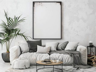 Wall Mural - A photo of a large white blank poster frame hanging in the middle on the wall, white walls with light wood and black accents, contemporary modern living room, sofa with lots of pillows, small round co