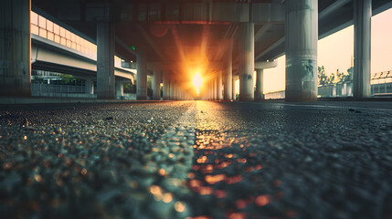 Poster - Asphalt road and bridge with urban architecture at sunset : Generative AI