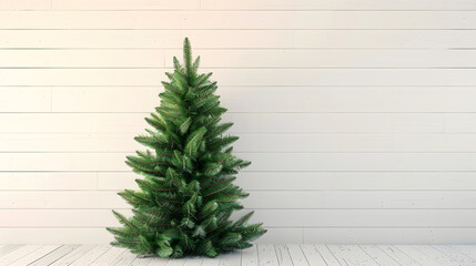 Poster - Green Christmas tree with white wood background : Generative AI