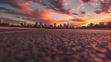 Wall Mural - Asphalt road and city skyline with colorful sky clouds at sunset : Generative AI