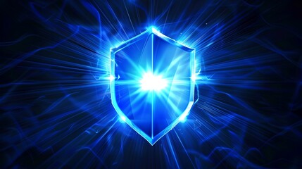 Poster - Glowing Blue Shield with Radiant Light Rays, Futuristic Protection Concept, Stylish Abstract Wallpaper Design. AI