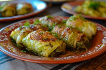 Sticker - Savory stuffed cabbage rolls garnished with herbs served on a traditional patterned plate