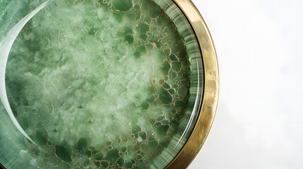Poster - Top viewAntique green plate made of jade and brass With beautiful patterns plate tea or coffee and hot water isolated on white background : Generative AI