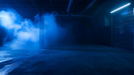 Wall Mural - A dark empty street dark blue background an empty dark scene neon light spotlights The asphalt floor and studio room with smoke float up the interior texture night view : Generative AI