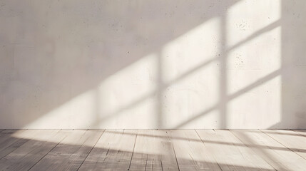 Aufkleber - Aesthetic geometric sunlight shadows on a white textured wall and beige wooden floor empty template for home room interior product background for branding design showcase copy space : Generative AI