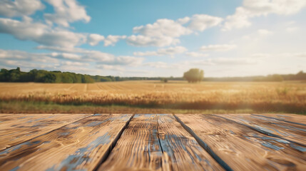 Leinwandbilder - The empty wooden brown table top with blur background of farmland and blue sky Exuberant image : Generative AI