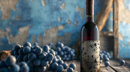 Poster - Bottle of red wine with old empty label In the background old weathered snag and blue grapes : Generative AI