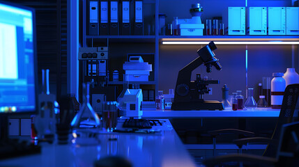 Poster - Modern medical research laboratory Empty workplace of a scientist or researcher with computers microscope test tubes flasks and magnifying lamp Dark biochemical laboratory in the blue  : Generative AI