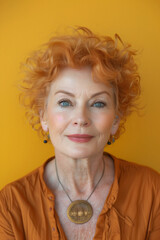 Wall Mural - Front view portrait of mature woman on a yellow background