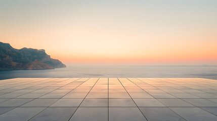Poster - Empty square floor and mountain with sea at sunset : Generative AI