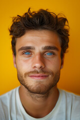 Wall Mural - Front view portrait of young man with beard on yellow background