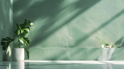 Aufkleber - Green Bg Kitchen Background Floor Backdrop Empty Counter Podium Environment Shadow Leaves Plant Minimal Desk Studio Room Wall Pattern Abstract 3d Summer spring Table Space Marble Mocku : Generative AI
