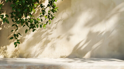 Aufkleber - Minimal empty white marble stone counter table top green tree in sunlight leaf shadow on beige brown stucco cement wall : Generative AI