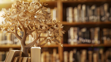 Fototapete - Wooden tree with books on blur background of library with bookshelf Flawless : Generative AI