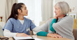 © peopleimages.com - Nurse, physiotherapy and senior woman for home support, back pain check and physical therapy exam. Retirement nursing, physiotherapist and medical doctor with elderly patient for support and empathy