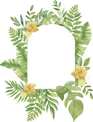 Wall Mural - Vector Watercolor greenery frame with yellow flowers, monstera, palm leaves. Template space for text. Greeting cards, invitation, gender party, baby shower, birthday, event, holiday, wedding card
