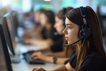 Poster - Focused young woman with headset working in a busy call center