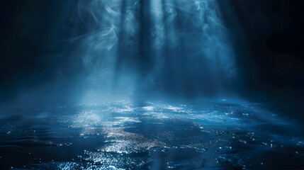 Poster - Dark street wet asphalt reflections of rays in the water Abstract dark blue background smoke smog Empty dark scene neon light spotlights Concrete floor : Generative AI