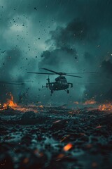 Poster - War. Soldiers. Helicopter. Background. A helicopter soars above the battlefield.