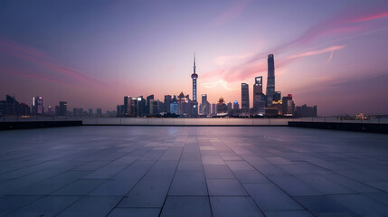Wall Mural - Empty square floor and bridge with city skyline at sunset in Shanghai China : Generative AI
