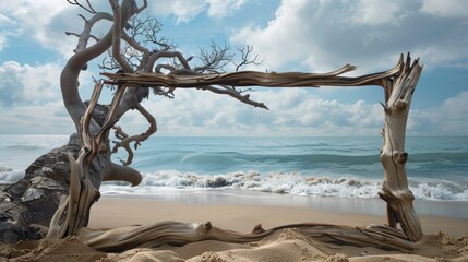 Wall Mural - Enigmatic driftwood gateway on sandy beach