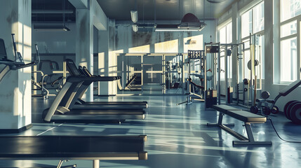 Poster - Fitness empty gym and equipment for exercise workout and sports for wellness weightlifting and studio Health club interior and recreation center for bodybuilding training and room for  : Generative AI