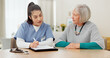 © peopleimages.com - Nurse, documents and senior woman consulting, healthcare information and insurance checklist, charts and home advice. Medical doctor, elderly patient or people talking of retirement nursing paperwork