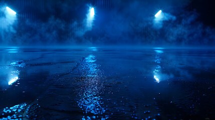 Poster - Dark street wet asphalt reflections of rays in the water Abstract dark blue background smoke smog Empty dark scene neon light spotlights Concrete floor : Generative AI