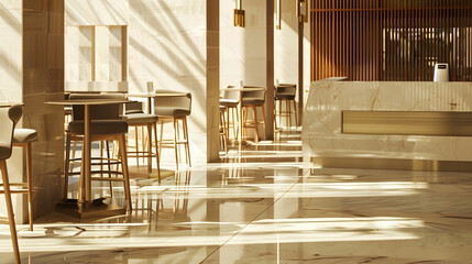 Leinwandbilder - Light wooden and marble tile floor interior of modern cafe with double ceiling height Lobby bar in luxury design hotel hall with second split level : Generative AI