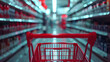 © Generative AI - Supermarket aisle with empty red shopping cart : Generative AI