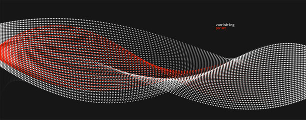 Poster - abstract background vector illustration, red and black dots in motion by curve lines, particles flow