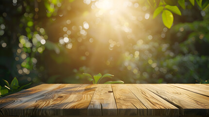 Poster - Empty wooden table with nature background : Generative AI