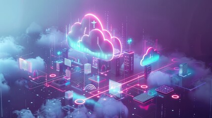 Poster - Cloud technology, computing. Devices connected to digital storage in the data center via the Internet, IOT, Smart Home Communication laptop, tablet, phone home devices with an online. Generative AI