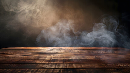 Leinwandbilder - empty wooden table with smoke float up on dark background Empty Space for display your products : Generative AI