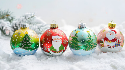 Poster - Group of colorful Christmas ball with drawing of Santa Claus and trees on a white snow background : Generative AI