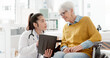 © peopleimages.com - Tablet, results or doctor with old woman In wheelchair or consultation for healthcare in hospital clinic. Technology, appointment or medical worker talking to an elderly person with a disability
