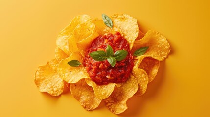 American classic snack Potato chips topped with fresh potatoes and tomato sauce on a yellow background viewed from above