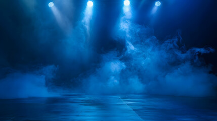 Poster - Bright stadium arena lights Smoke bombs neon lights spotlights asphalt abstract dark blue background floor and studio room with smoke float up the interior texture night view for displ : Generative AI