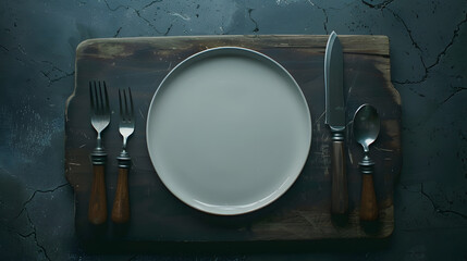 Aufkleber - An empty plate with a knife fork or spoon with a wooden cutting board on a dark concrete background Preparation of appliances and ingredients for home cooking : Generative AI