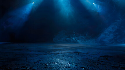 Poster - Dark street asphalt abstract dark blue background empty dark scene neon light spotlights The concrete floor and studio room with smoke float up the interior texture for display product : Generative AI