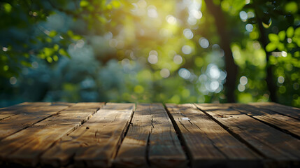 Empty wooden table with nature background : Generative AI