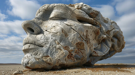 Wall Mural - A large, weathered rock formation resembling a brain, set against a sparse landscape under a cloudy sky.