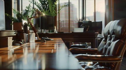 Fototapete - Directors office with large wooden table leather armchair and PC Interior design : Generative AI