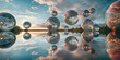 Multiple reflective spheres floating above a tranquil lake, mirroring the sunset sky and clouds. Surreal composition blends natural beauty with futuristic elementst