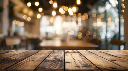 Aufkleber - Selected focus empty brown wooden table and Coffee shop blur background with bokeh image for your photomontage or product display : Generative AI