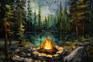 Poster - Captivating hand-painted landscape artwork of an enchanting forest campfire scene with vibrant oil and acrylic colors on canvas. Complete with trees. A lake. And a campsite at dusk